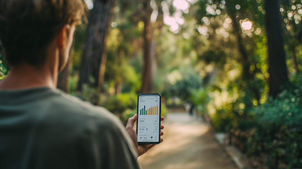 Tunepunk man holding a phone walking in a park. phone shows a 840dc890 6f3e 4e1f 9290 f03e49e0b97f.jpg