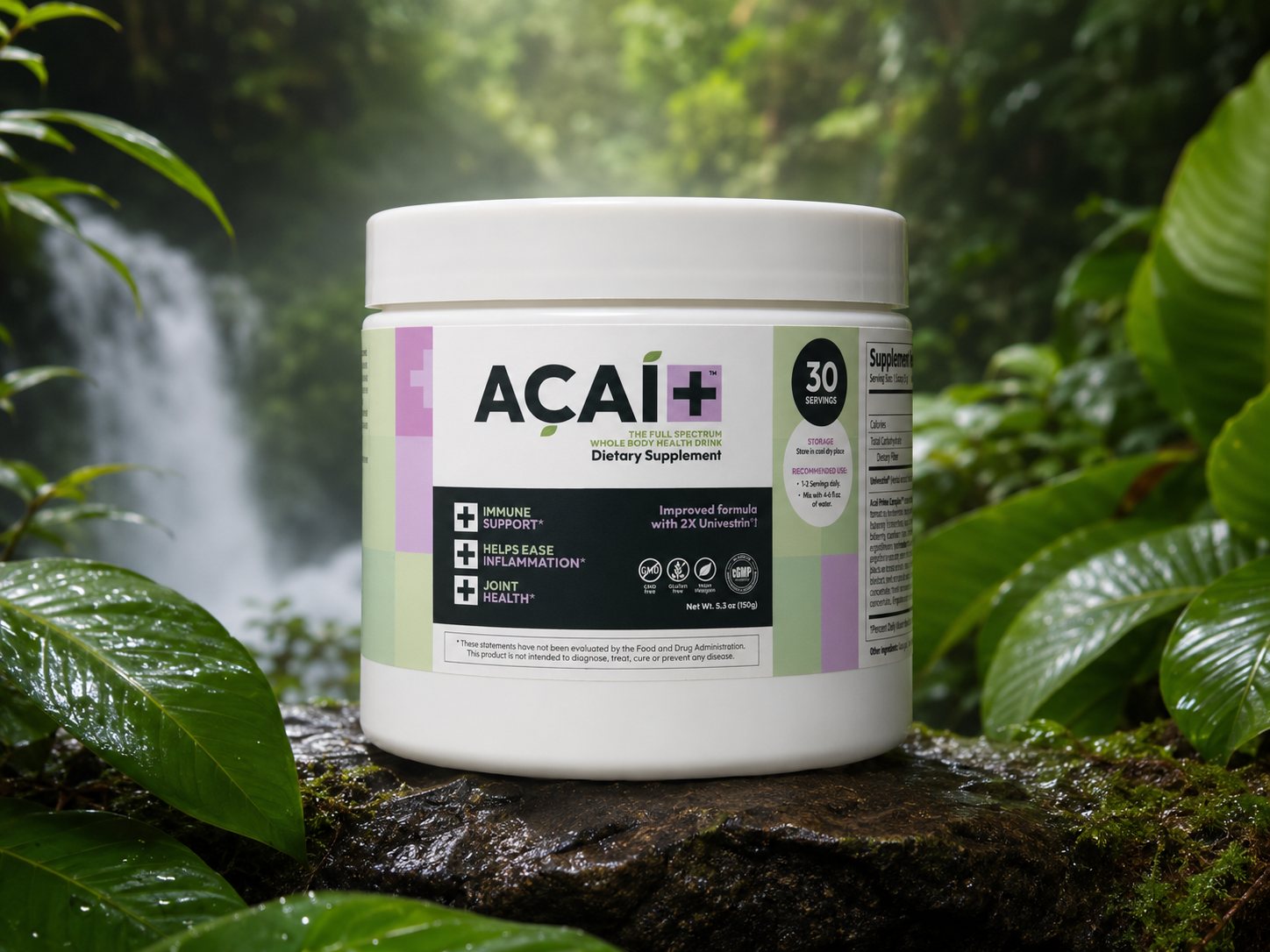 ACAI+ tub in a lush rainforest beside a waterfall