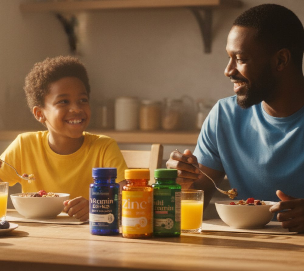 Father and son at breakfast table with Earth's Creation supplements