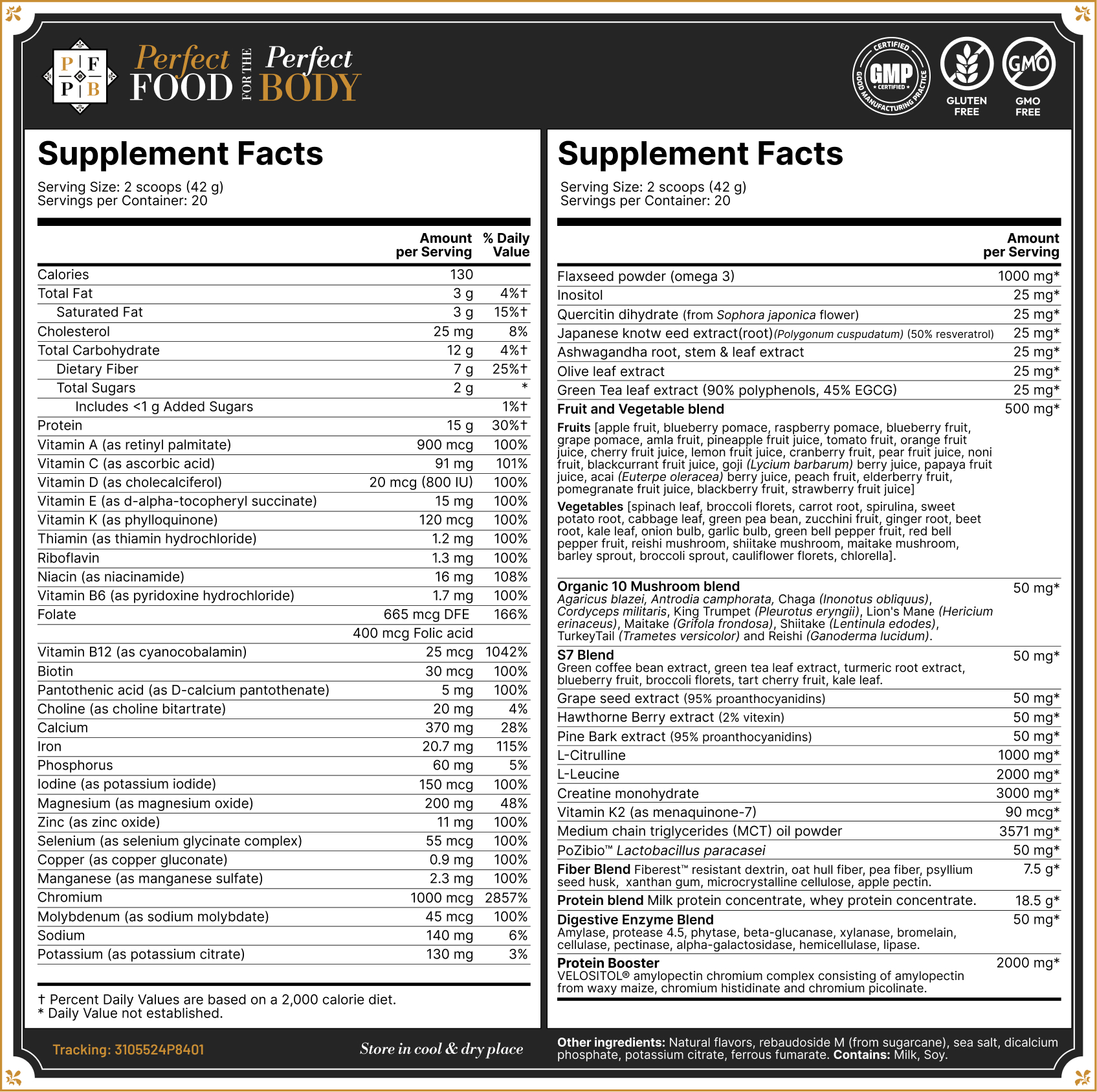PFPB Supplement Facts panel — full nutrition and ingredient label