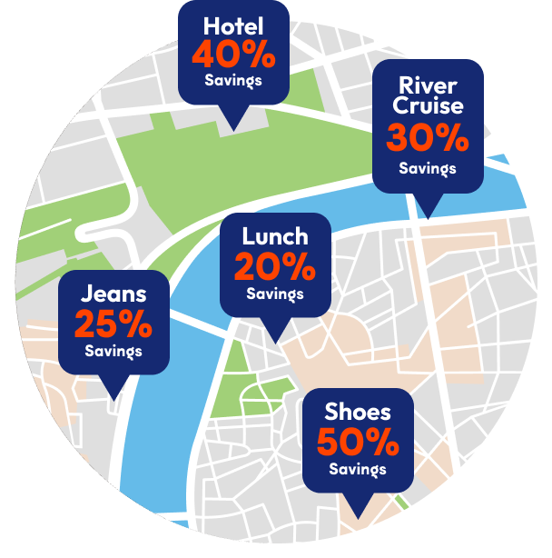 Map showing local savings: Hotel 40%, River Cruise 30%, Jeans 25%, Lunch 20%, Shoes 50%